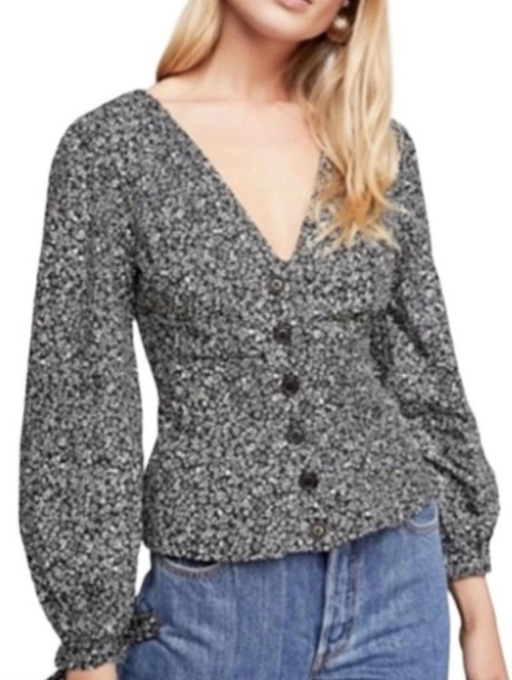 Free People NWT Sienna Print Long Sleeve Bowtie Cuff Button Down Blouse Small